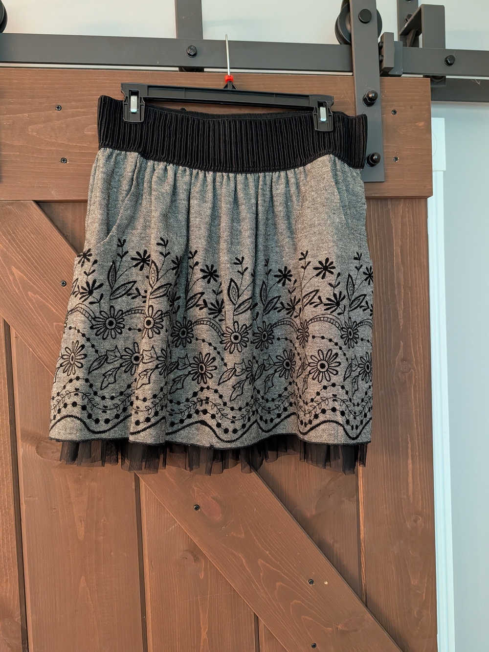 Joe Benbasset Gray Mini Skirt with Black Floral Embroidery